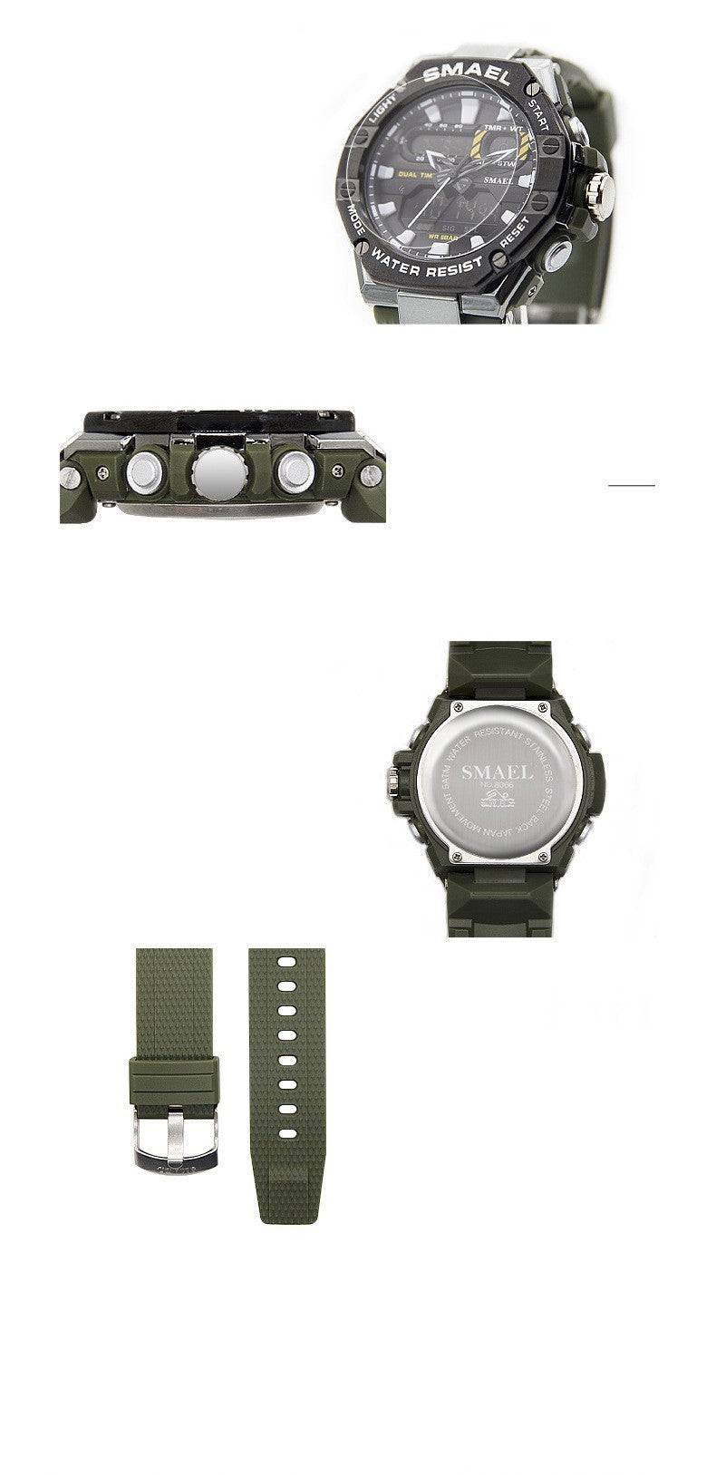 Green digital alloy watch with detailed components