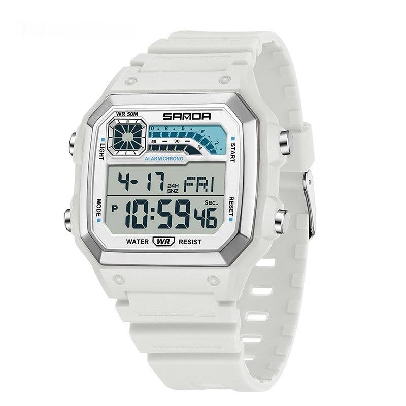 White electronic watch featuring luminous display and waterproof