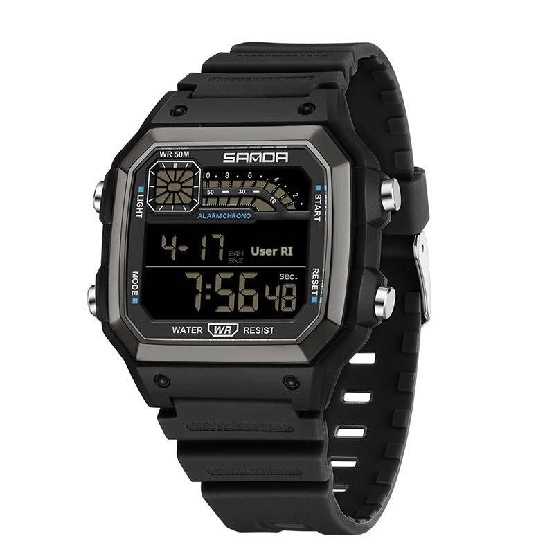 Black electronic watch with luminous display and waterproof design