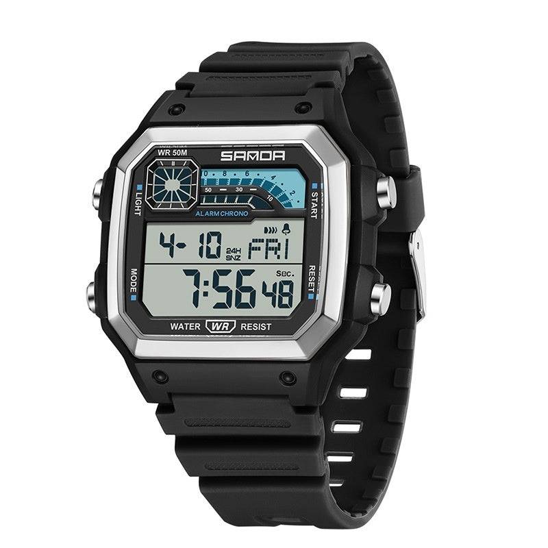 Black electronic watch with luminous display and waterproof design