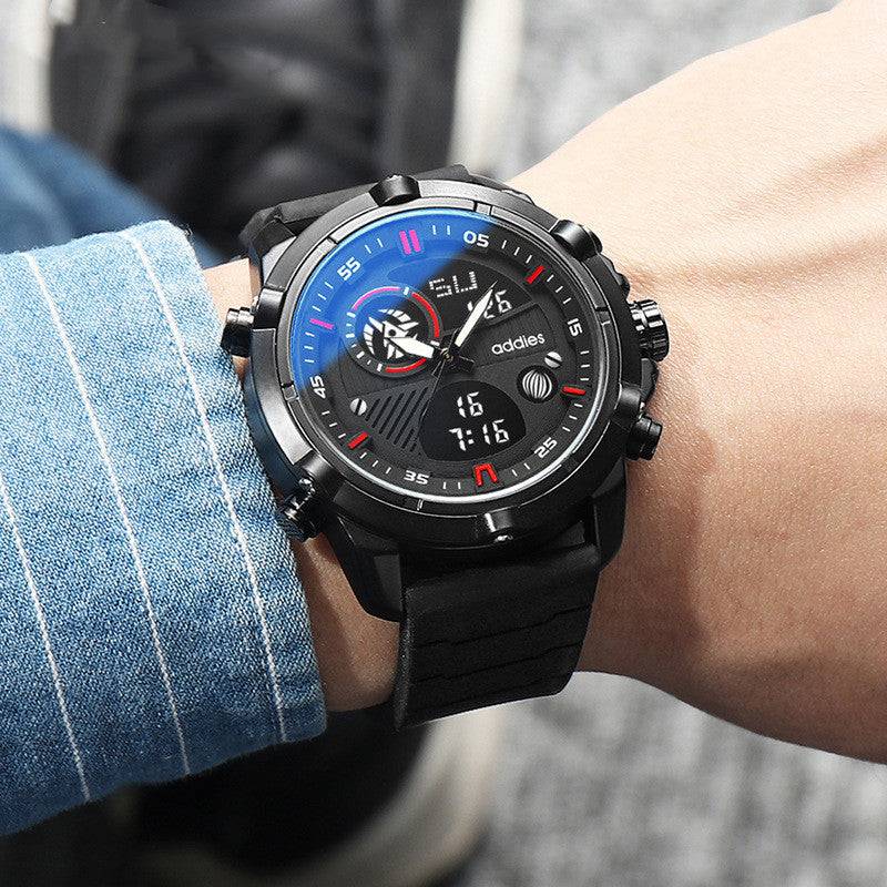 Men's sports watch with black strap on wrist