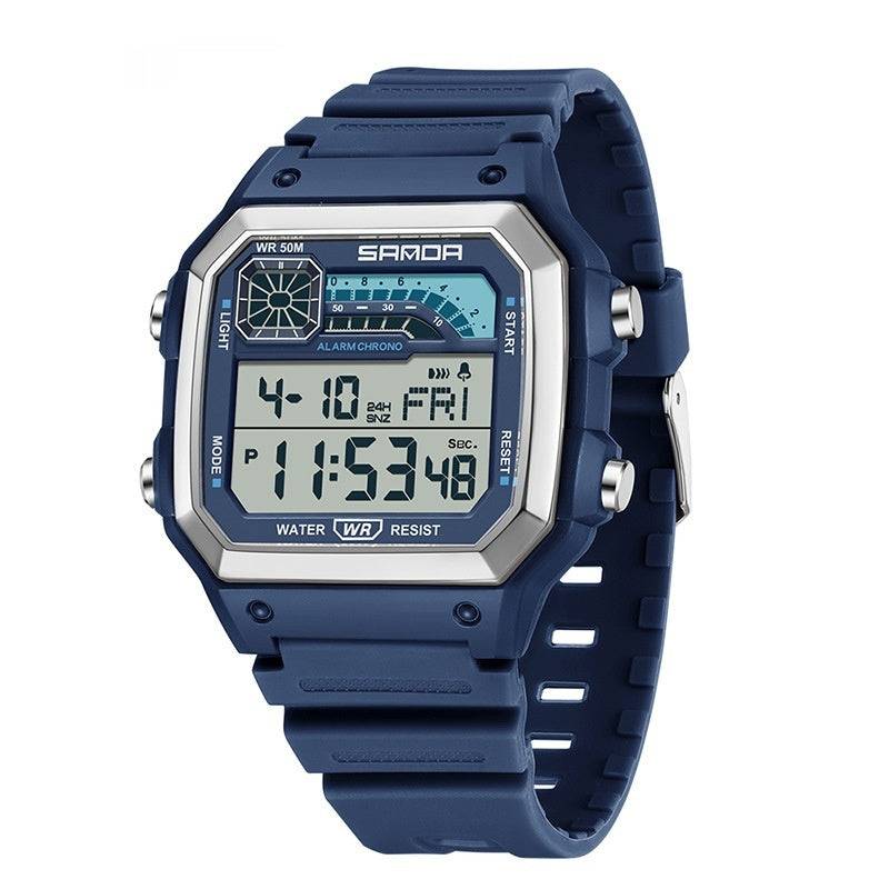 Blue electronic watch featuring luminous display and waterproof