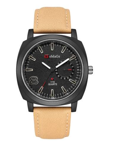 Black dial WoMaGe watch with tan leather strap