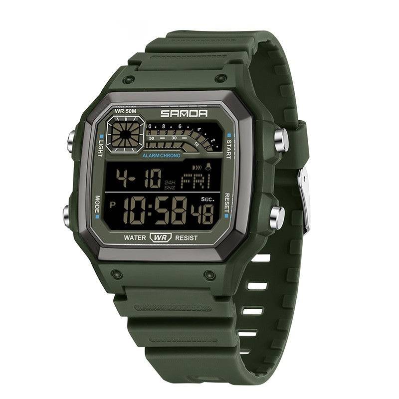 Green electronic watch with luminous display and waterproof design