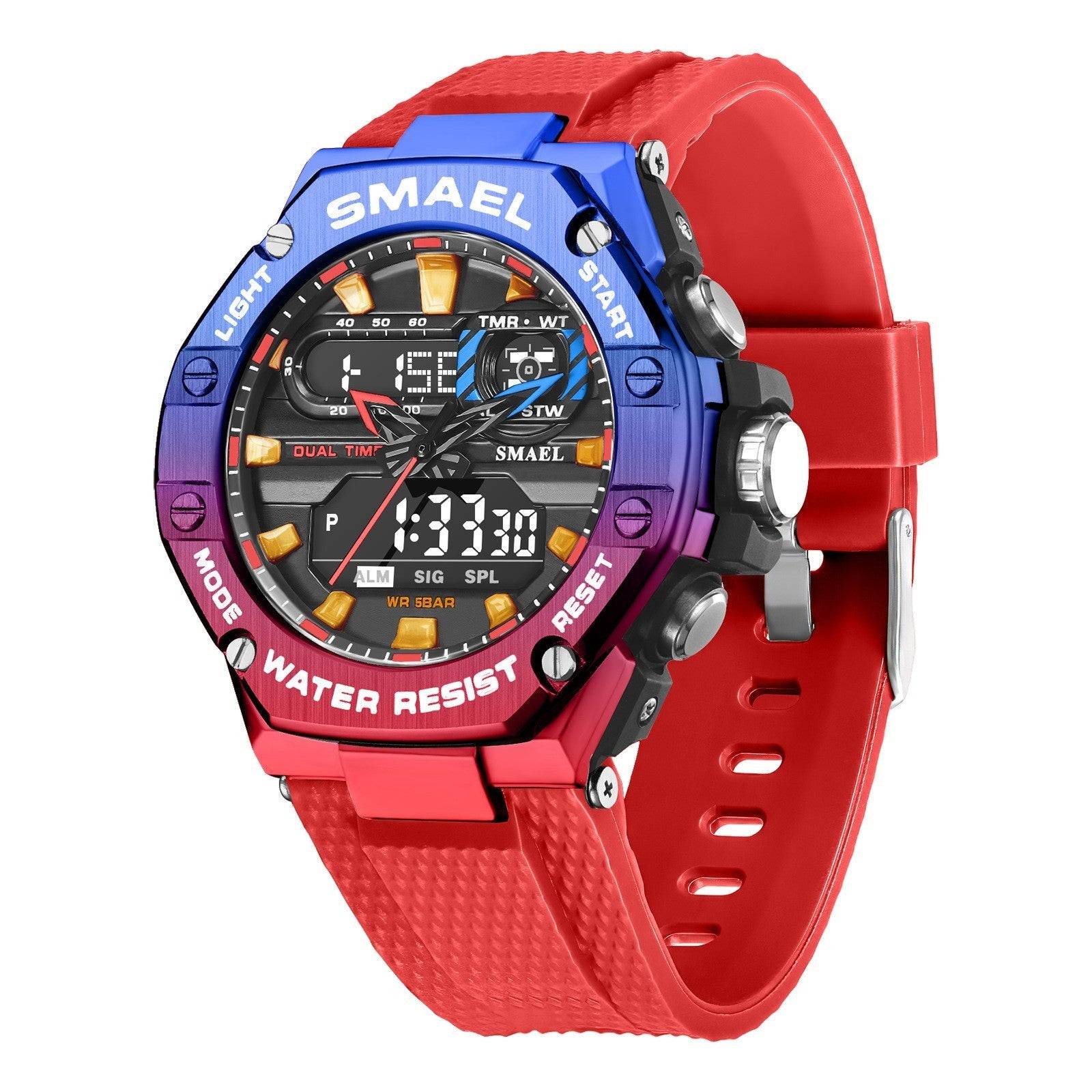 Colorful digital alloy watch with red strap