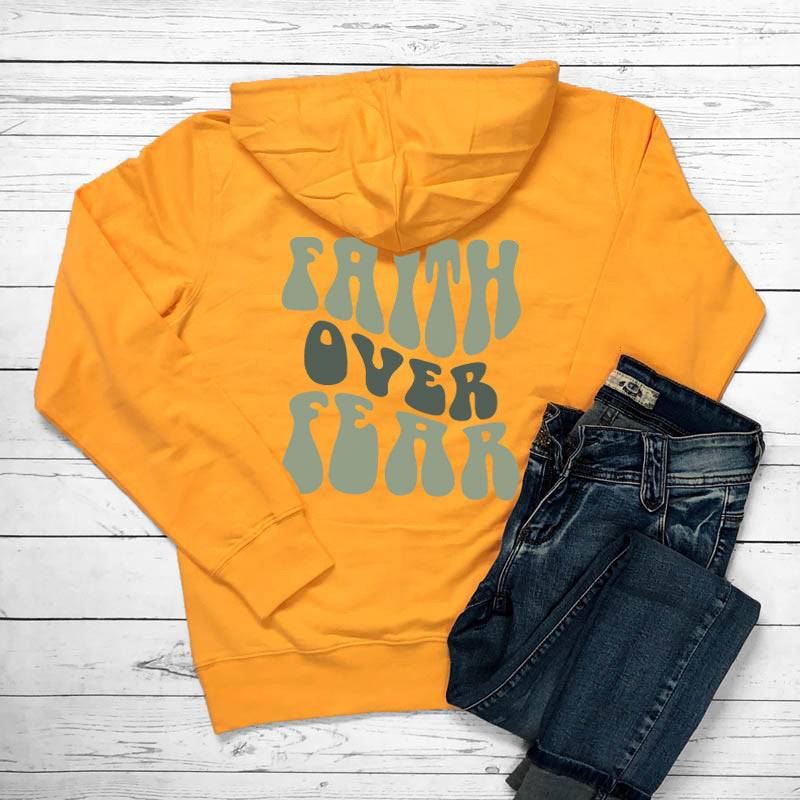 Faith Over Fear  Women's Letter Kangaroo Pocket Drawstring Printed Hoodie - TechHaven