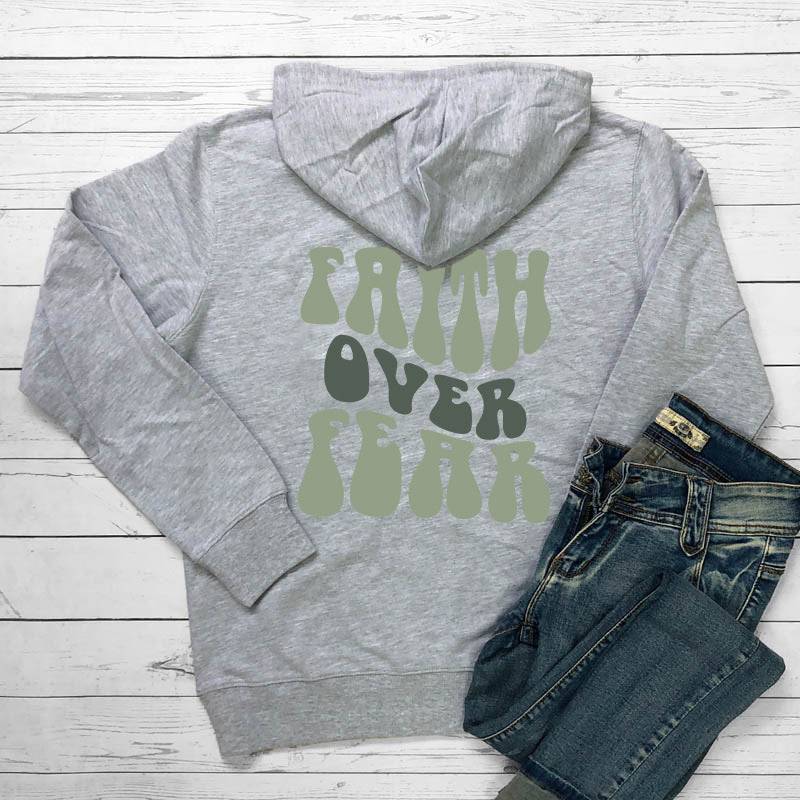 Faith Over Fear  Women's Letter Kangaroo Pocket Drawstring Printed Hoodie - TechHaven