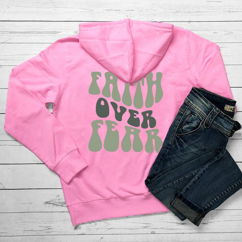 Faith Over Fear  Women's Letter Kangaroo Pocket Drawstring Printed Hoodie - TechHaven