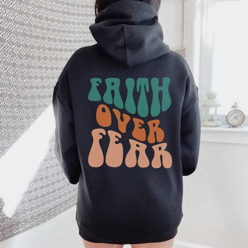 Faith Over Fear  Women's Letter Kangaroo Pocket Drawstring Printed Hoodie - TechHaven