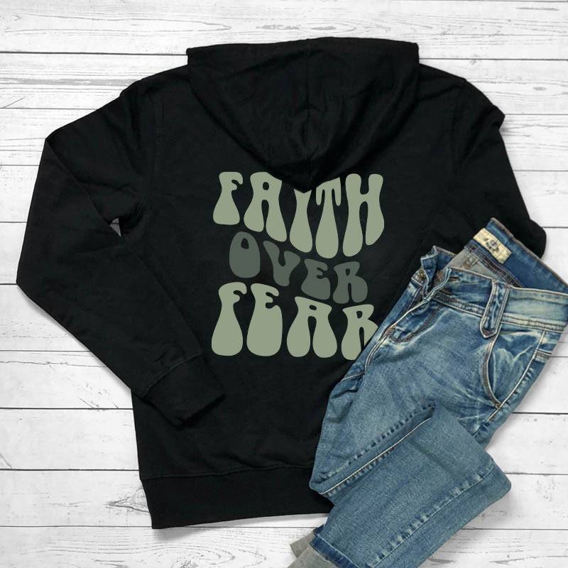 Faith Over Fear  Women's Letter Kangaroo Pocket Drawstring Printed Hoodie - TechHaven