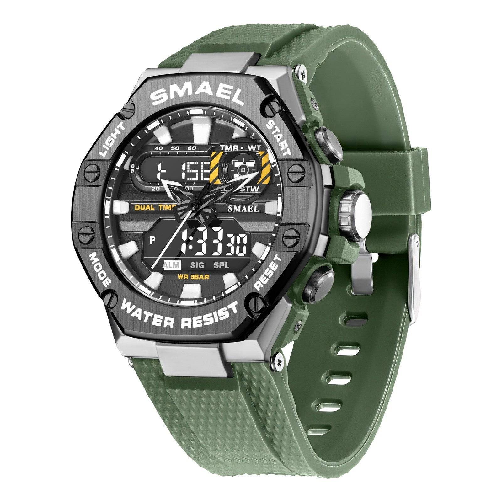 Green digital alloy watch with silver accents