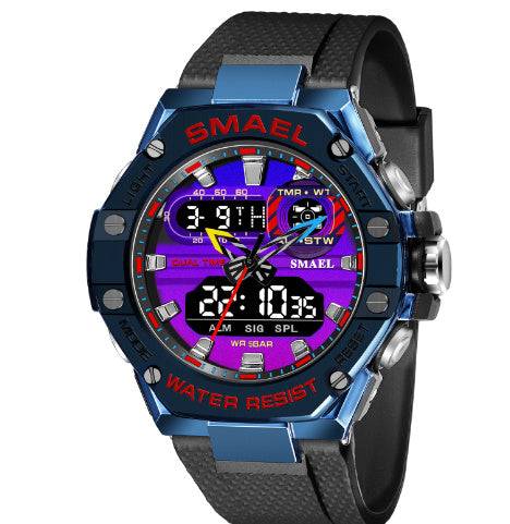 Blue digital alloy watch with vibrant display