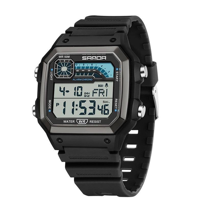 Black electronic watch featuring luminous display and waterproof