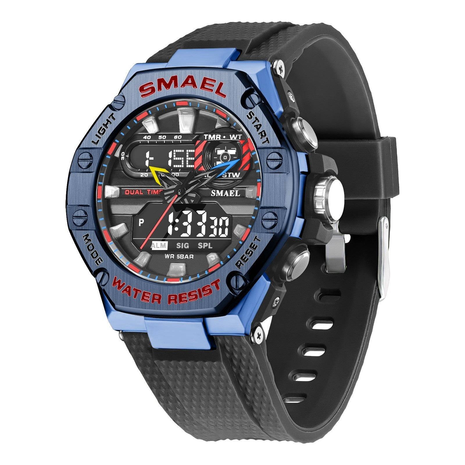 Blue digital alloy watch with black strap